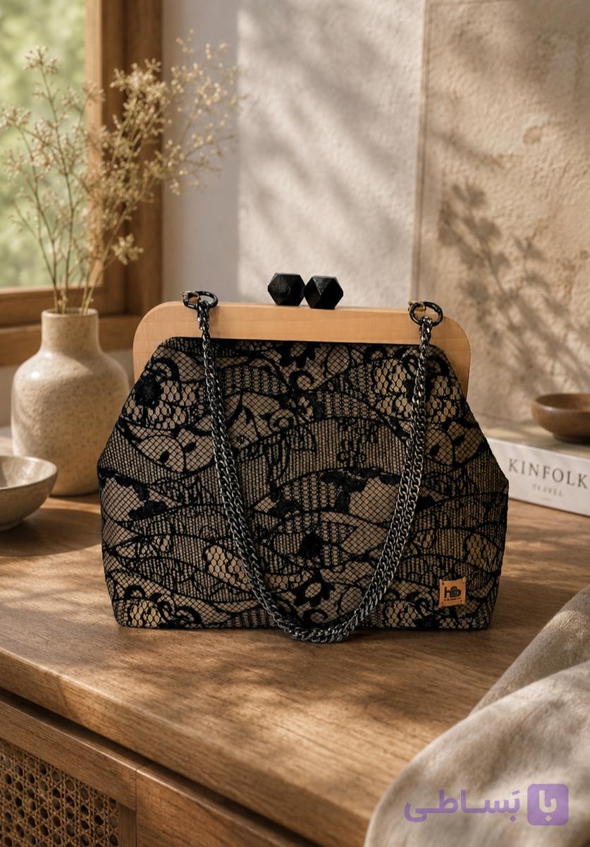 کیف زنانه هابنا دهانه چوبی ژاکارد دانتل ۲۳ سانتی دستساز