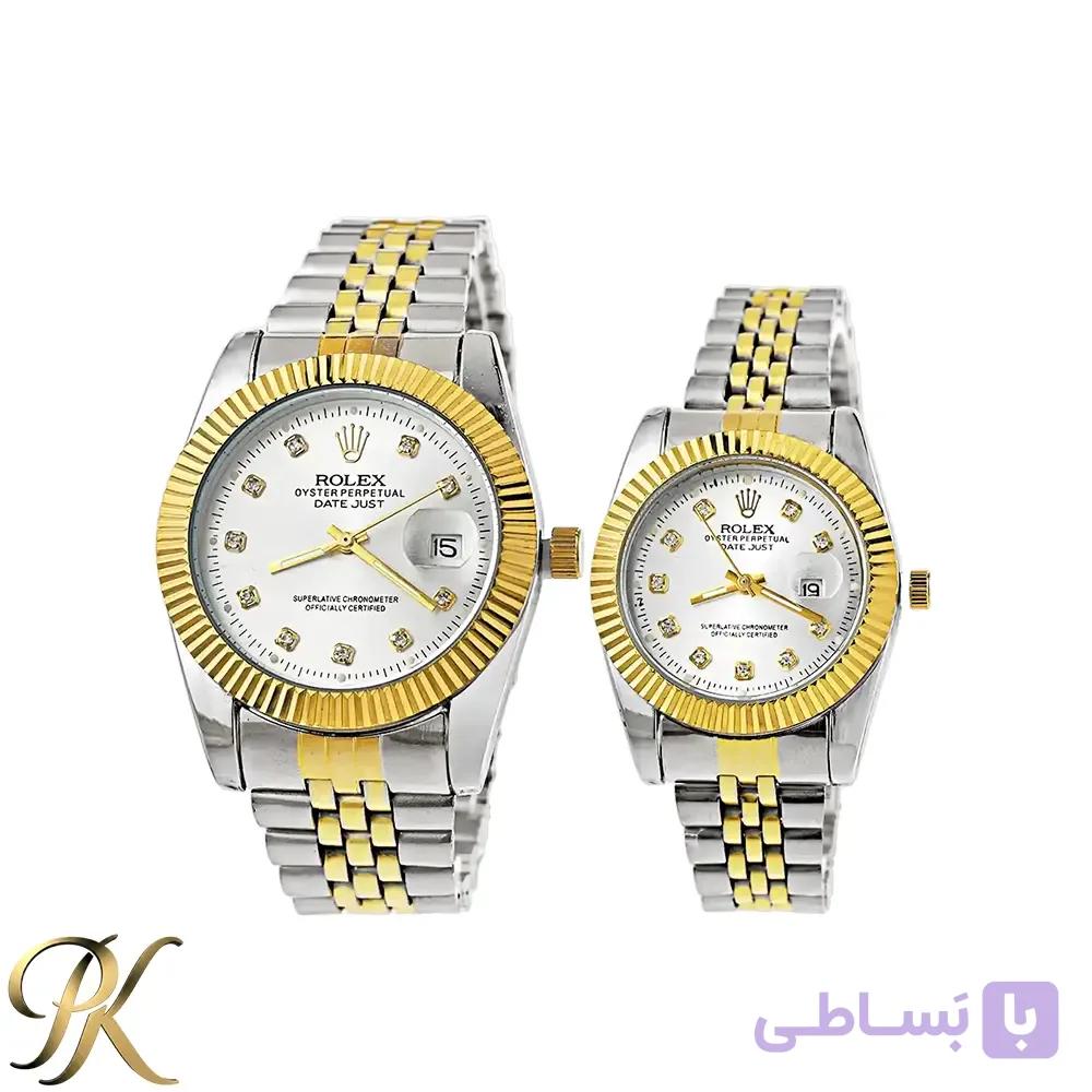 ست ساعت مچی رولکس (Rolex) دیت جاست – دو رنگ نقره ای طلایی – صفحه سفید نگین‌ دار – کیفیت A+++ — تصویر 1