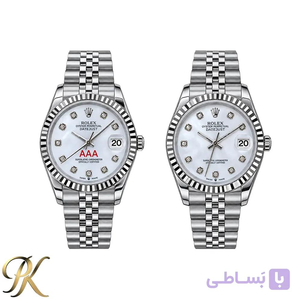 ست ساعت رولکس (Rolex) دیت جاست – صفحه مرواریدی – زنانه و مردانه – استیل نقره‌ ای — تصویر 1