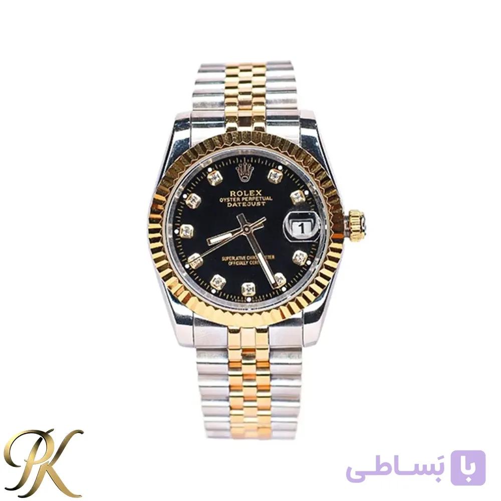 ساعت مچی مردانه رولکس (Rolex) دیت جاست – ترکیب طلایی نقره ای – صفحه مشکی نگین‌ دار – موتور ژاپن — تصویر 1
