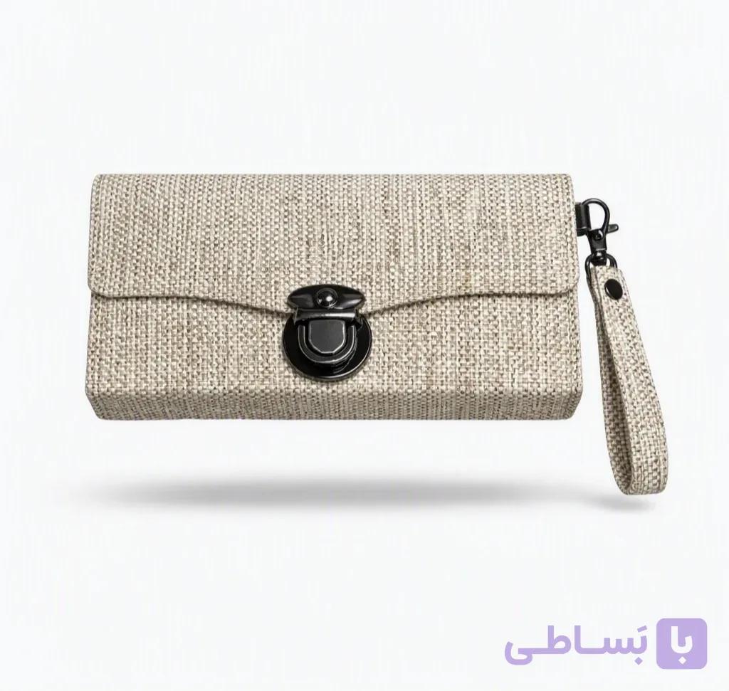 کیف پول کلاچ زنانه بافت‌دار بژ — تصویر 1