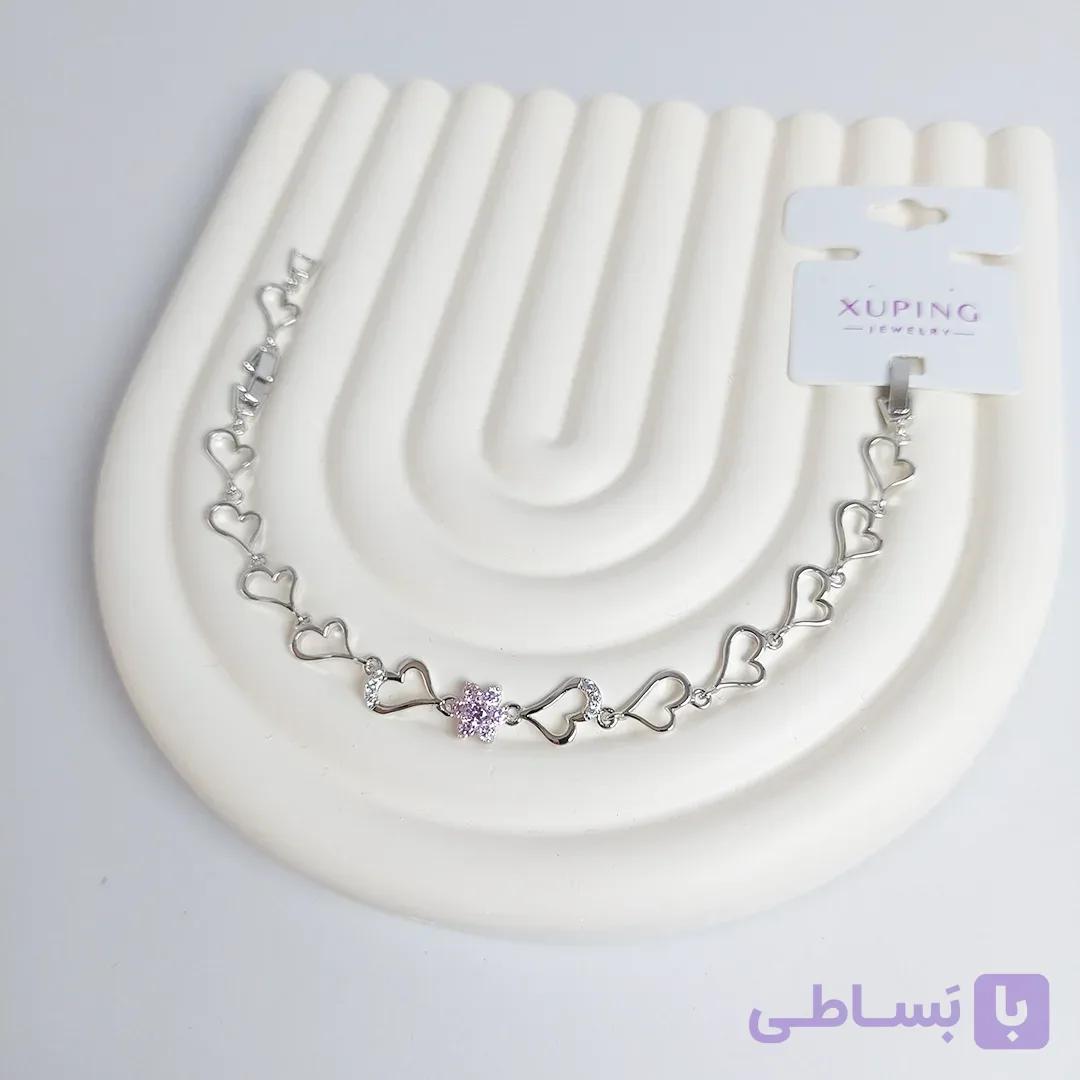 دستبند طرح قلب نقره‌ای با نگین صورتی ژوپینگ — تصویر 1