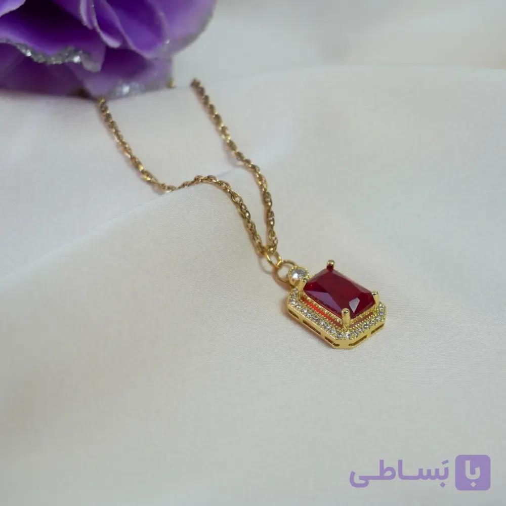 گردنبند زنانه استیل با آویز یاقوت قرمز — تصویر 1