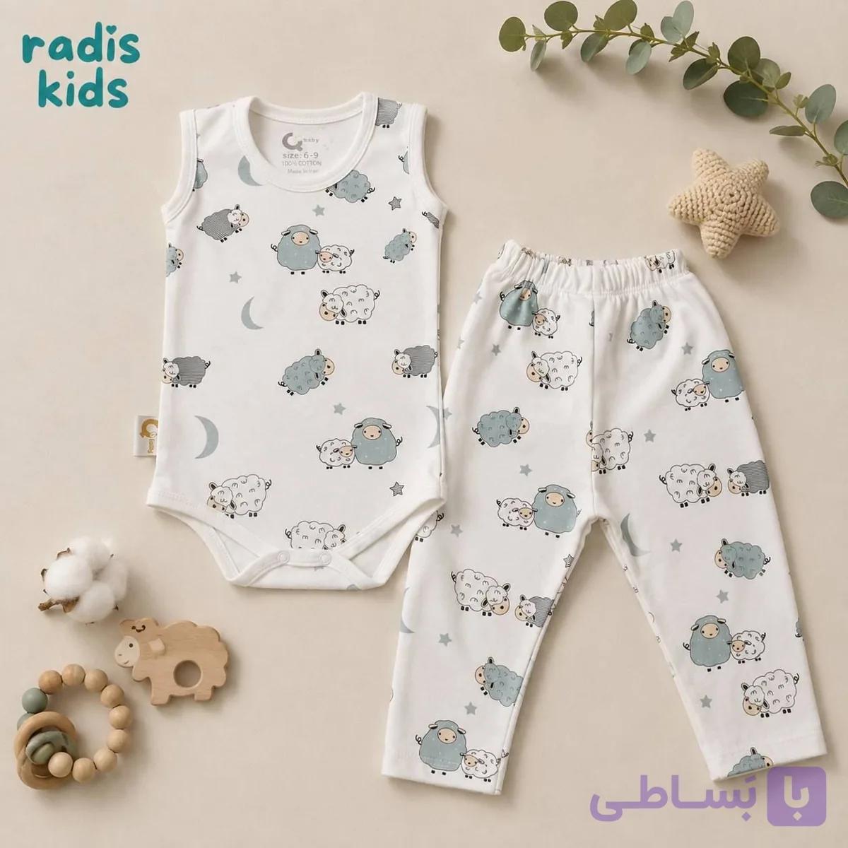 ست دو تیکه نوزادی پسرانه رکابی زیر دکمه شلوار طرح بره کد77