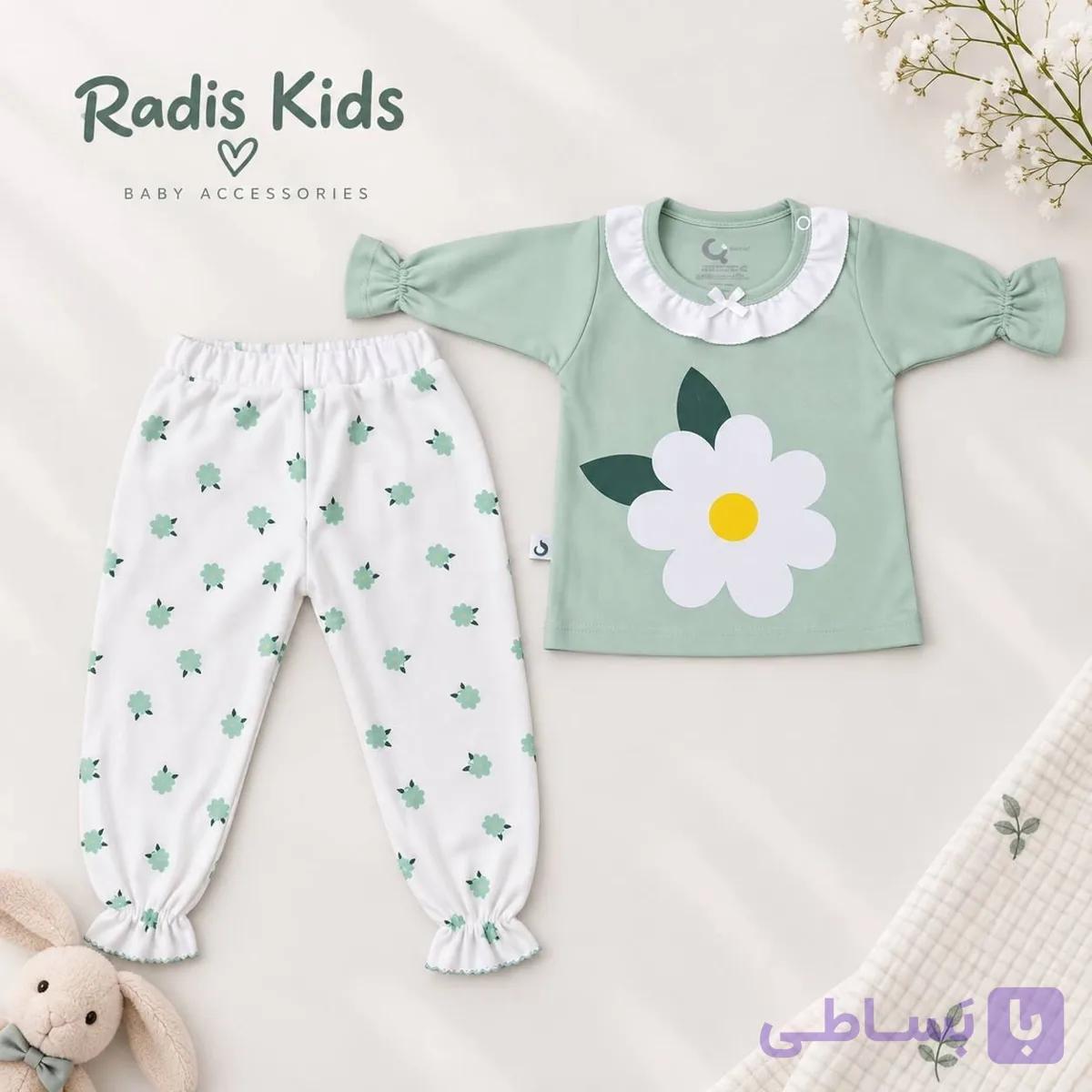 ست دو تکه نوزادی دخترانه پیراهن ساده و شلوار طرح گل بابونه کد81