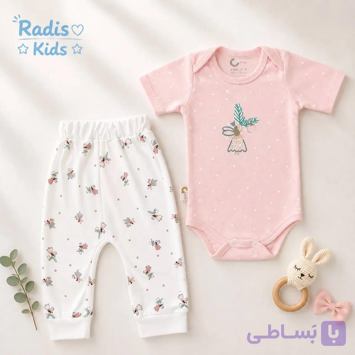 ست دو تیکه نوزادی دخترانه تیشرت زیر دکمه و شلوار طرح فرشته کد115