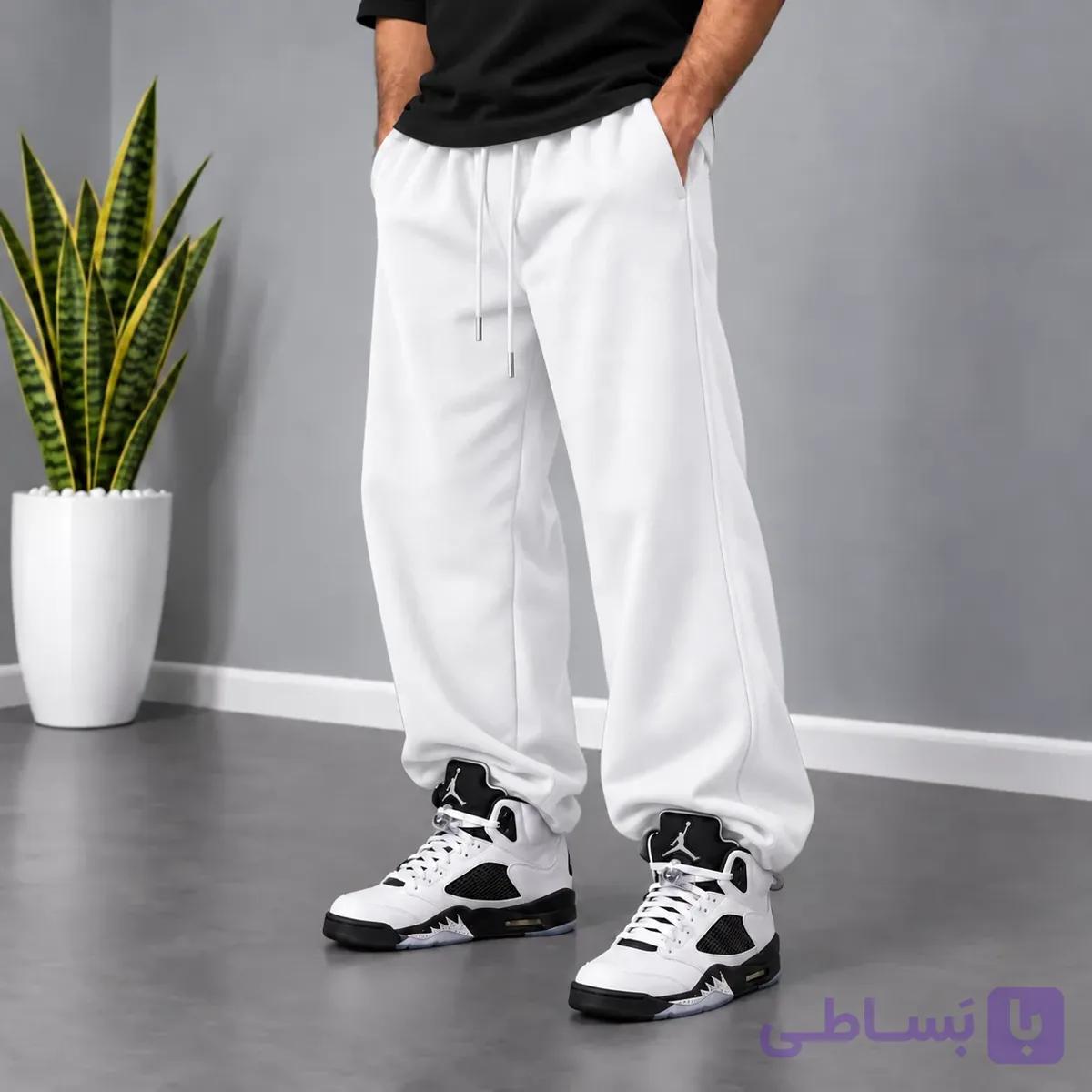 شلوار اسلش جاگر / قواره بگ / دورس پنبه 3 نخ / دمپا استوپر 2حالته / سفید — تصویر 1