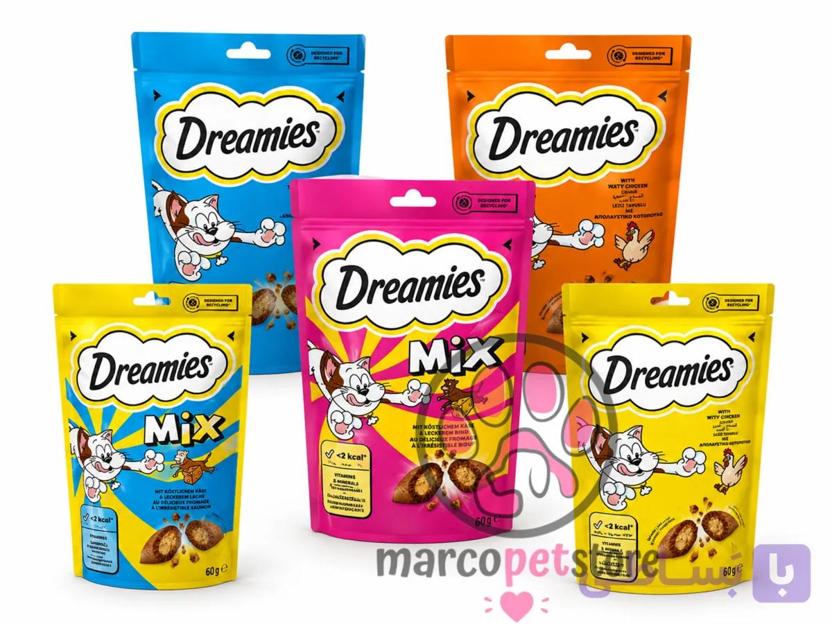 تشویقی گربه Dreamies دریمیز Mix با طعم پنیر و گوشت گاو ۶۰ گرم