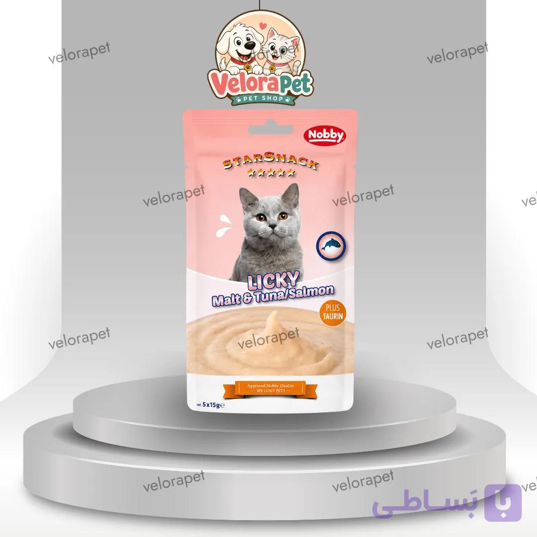 بستنی گربه نوبی مدل مالت و تن و سالمون Nobby LICKY Malt & Tuna & Salmon بسته ۵ عددی — تصویر 1