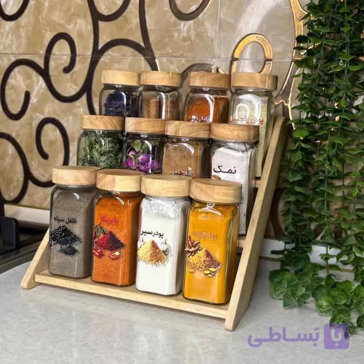 استند جا ادویه چوبی دو حالته با شیشه درب چوبی — تصویر 1