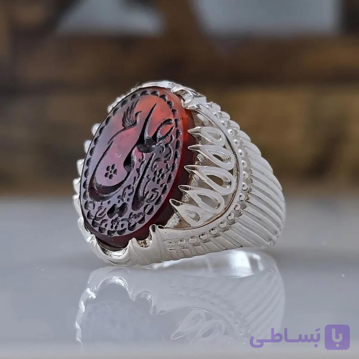 انگشتر آلیاژ (نقره روس) با نگین عقیق سرخ و حکاکی یا علی علیه السلام