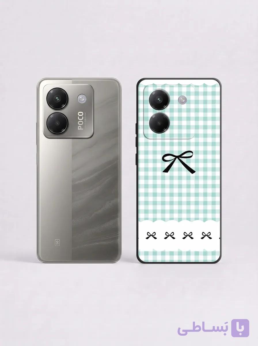 قاب گوشی Poco M7 pro طرحچهارخانه سبز و سفید با پاپیون