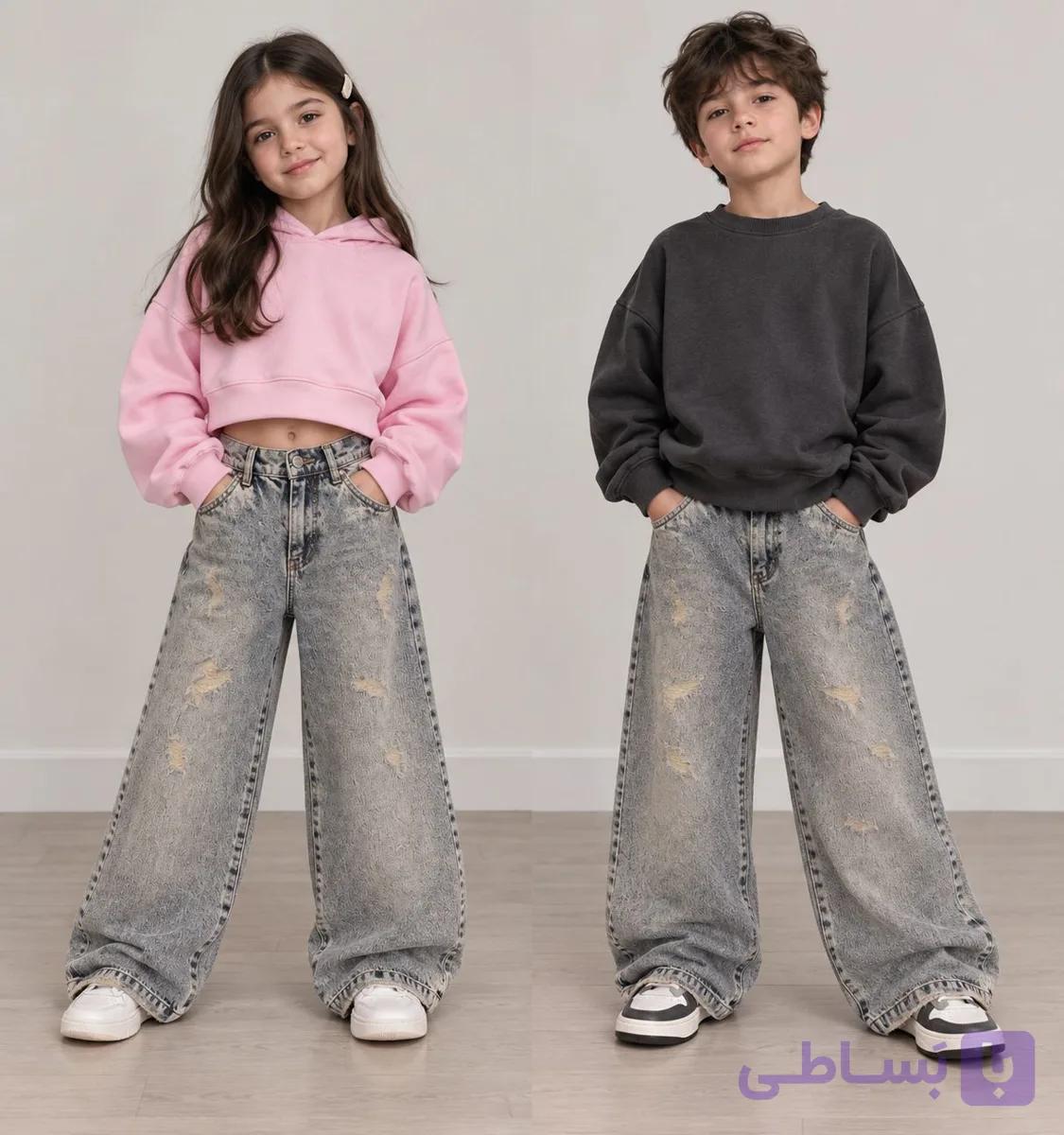 شلوار جین بچگانه بگ طوسی  ابی روشن مدل زاپ‌دار