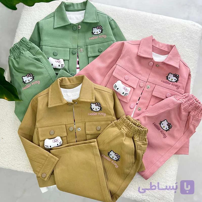 ست سه تیکه کت و شلوار و تیشرت کتان دخترانه — تصویر 1