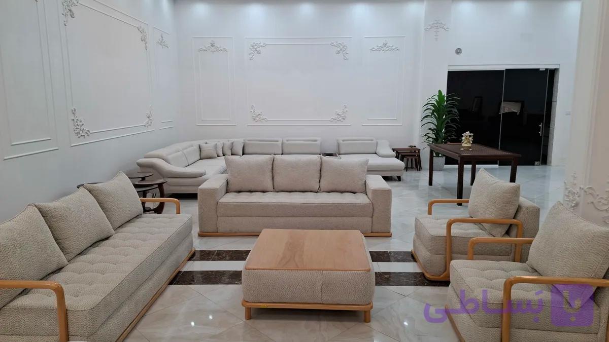 مبل مینیمال آنیل هشت نفره پشت کوسن رنگ کرم