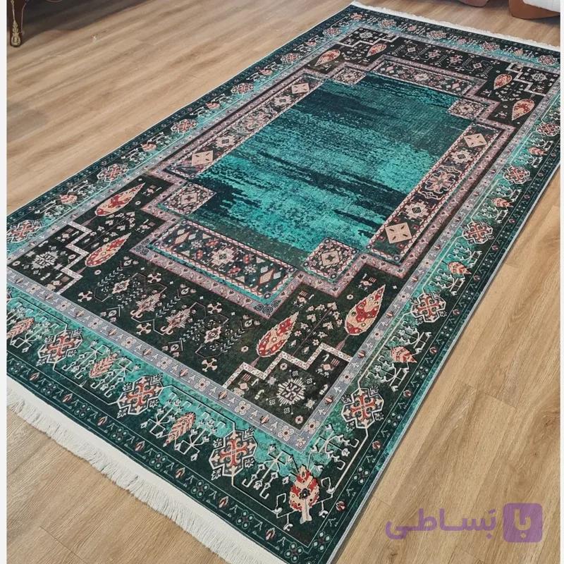 فرشینه طرح قشقایی تم فیروزه ای و سبز زمردی کد L 286(پس کرایه)