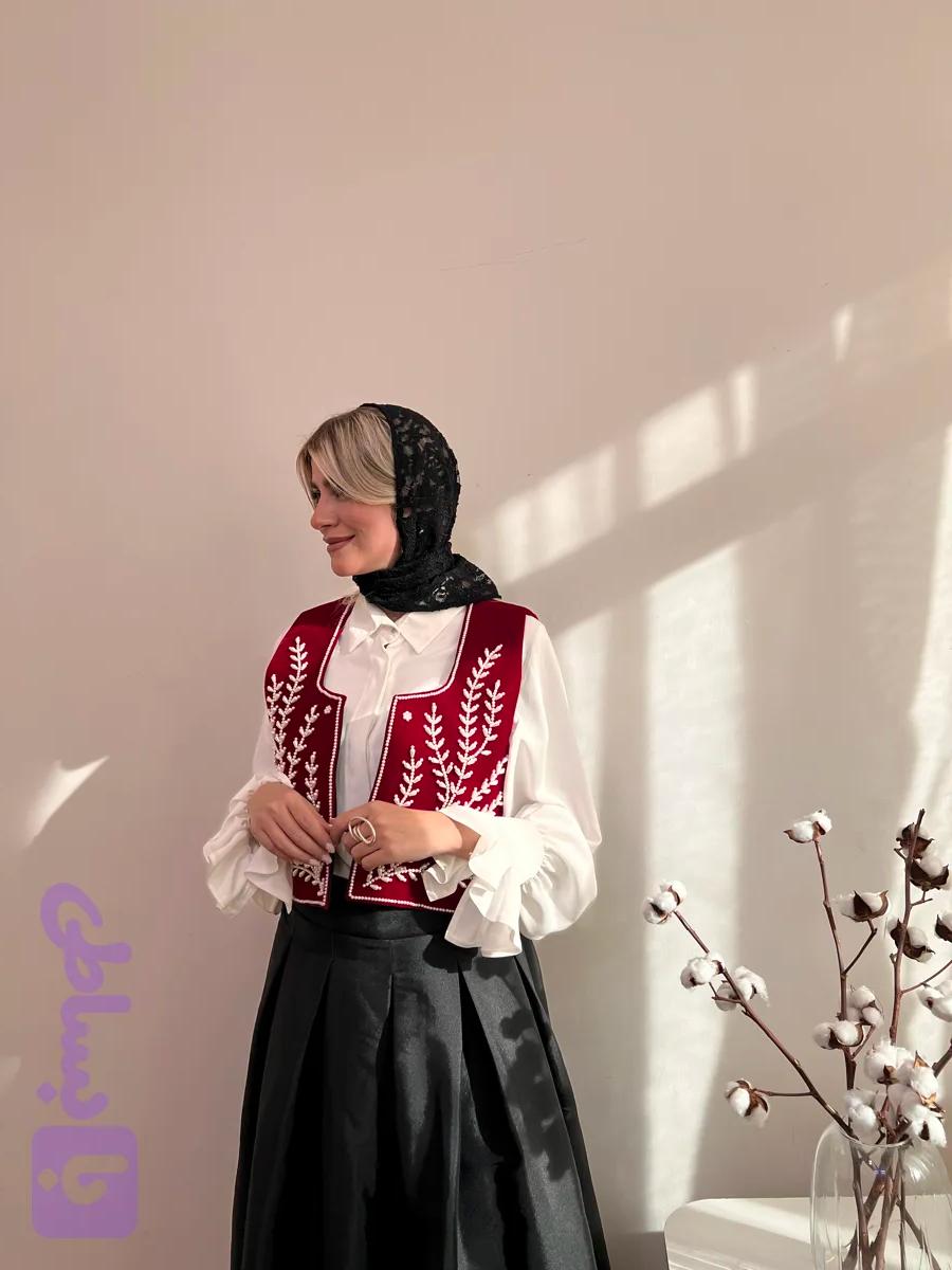 جلیقه مخمل گندم قرمز