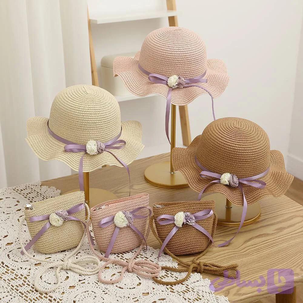 ست کیف و کلاه حصیری دخترانه کودک مدل گل و روبان | اکسسوری تابستانی وارداتی، کلاه آفتابی لبه پهن فانتزی