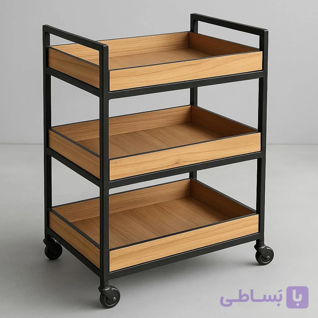 ترولی آرایشگاهی سه طبقه چوب و فلز