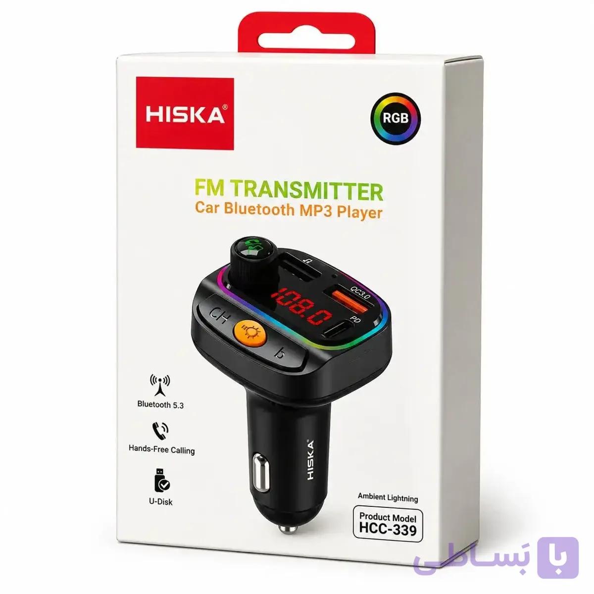 اف ام ترانسمیتر خودرو هیسکا مدل HCC-339 با شارژر فندکی و نورپردازی RGB (موبایل خسرو) — تصویر 1