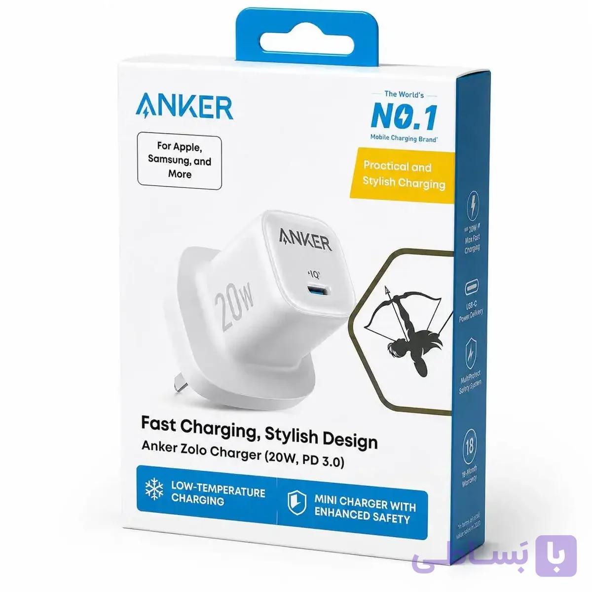 شارژر دیواری انکر مدل Zolo توان ۲۰ وات PD 3.0 پورت Type-C رنگ سفید (موبایل خسرو) — تصویر 1