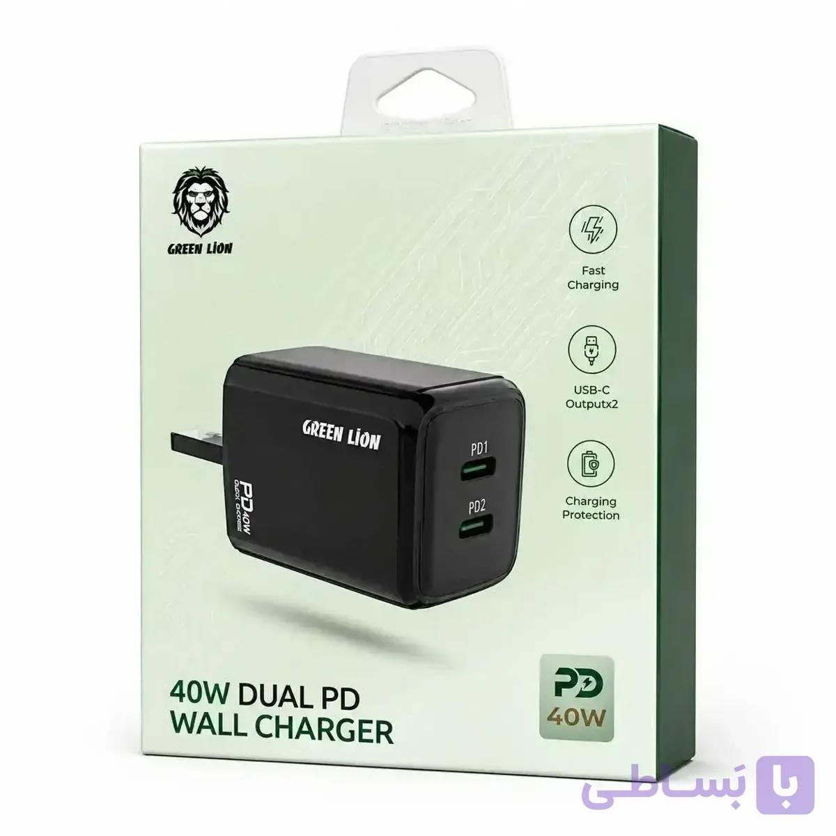 شارژر دیواری دو پورت گرین لاین ۴۰ وات GL-W23A – سه پین – مشکی — تصویر 1