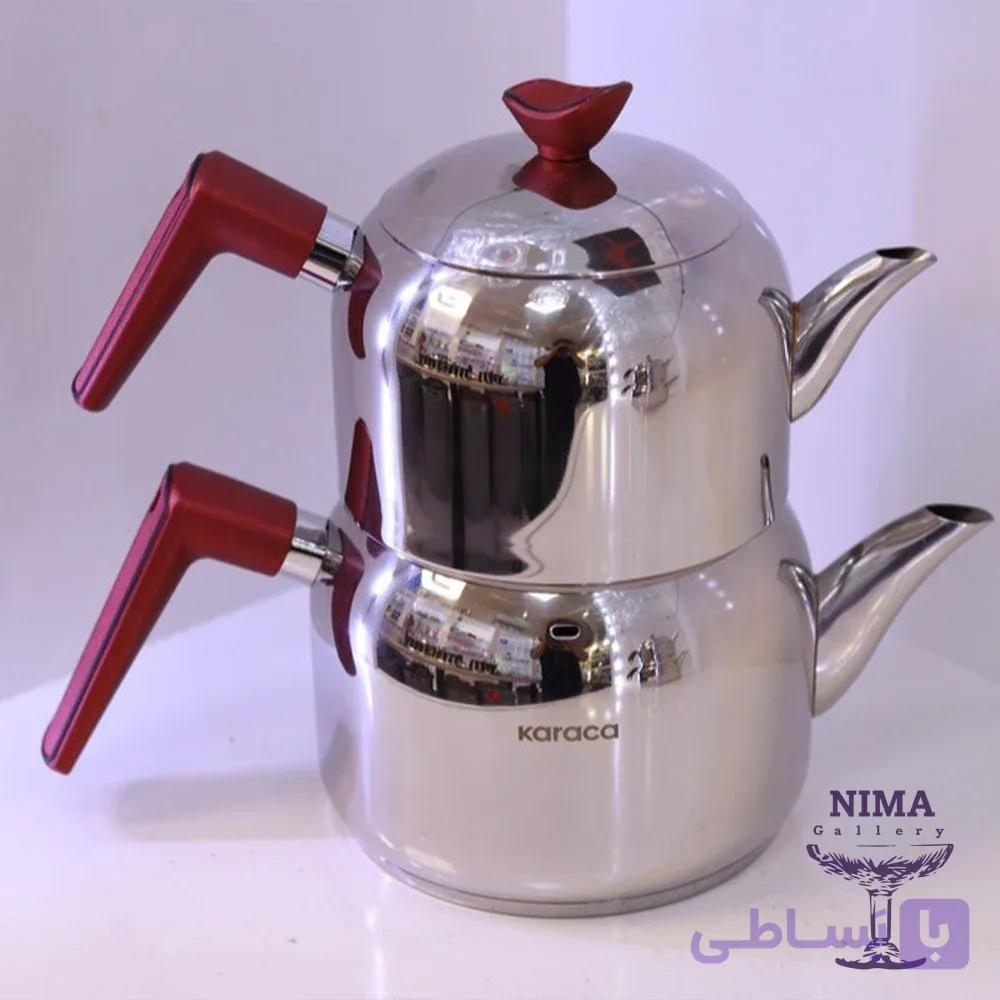 کتری قوری استیل دسته زرشکی برند کاراجا ترکیه — تصویر 1
