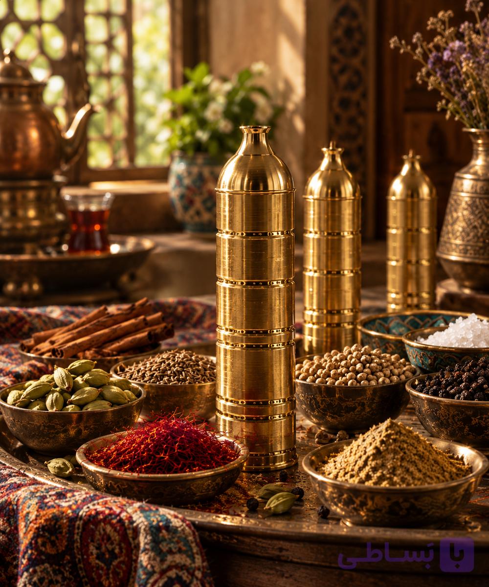 زعفران‌ساب برنجی سنتی | آسیاب دستی زعفران، هل، دارچین و ادویه‌جات
