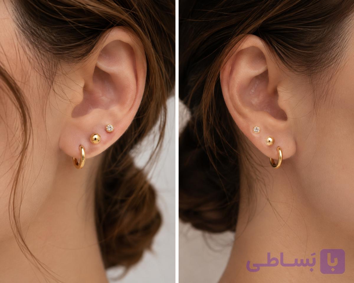 گوشواره زنانه ترند I am سه جفت طرح نگینی، توپی و حلقه‌ای طلایی