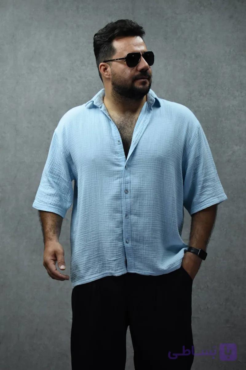 پیراهن تمام نخ آبی آسمانی مردانه سایز M , L , 2XL , 3XL — تصویر 1