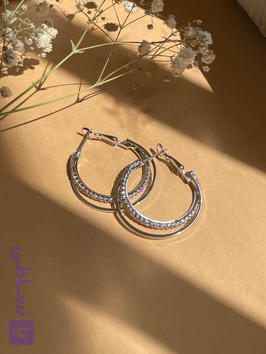 گوشواره زنانه دولاین استیل رنگ ثابت نگین دار