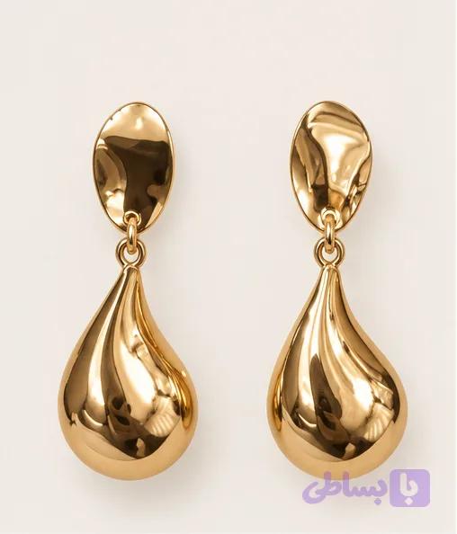 گوشواره زنانه آویزدار طرح قطره‌ای طلایی