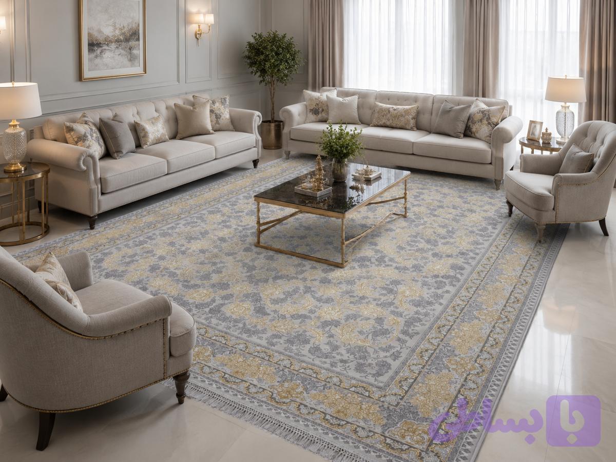 فرش طلاکوب کرم ۱۲۰۰ شانه گل برجسته کد ۱۲۱۱ ملک صدفی تراکم ۳۶۰۰