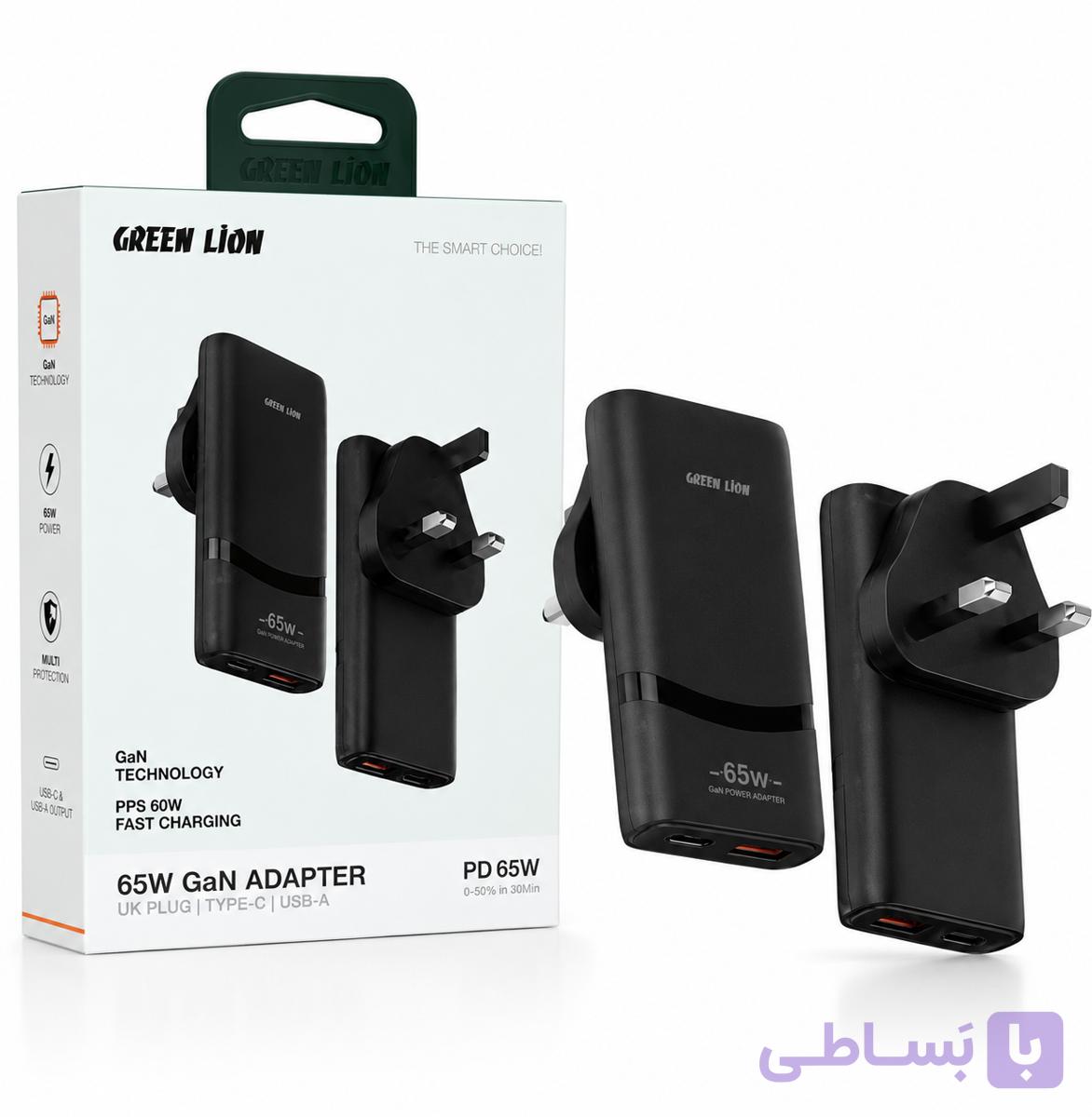 آداپتور شارژ پاور بانک Green Lion 65W GaN مدل UK Plug