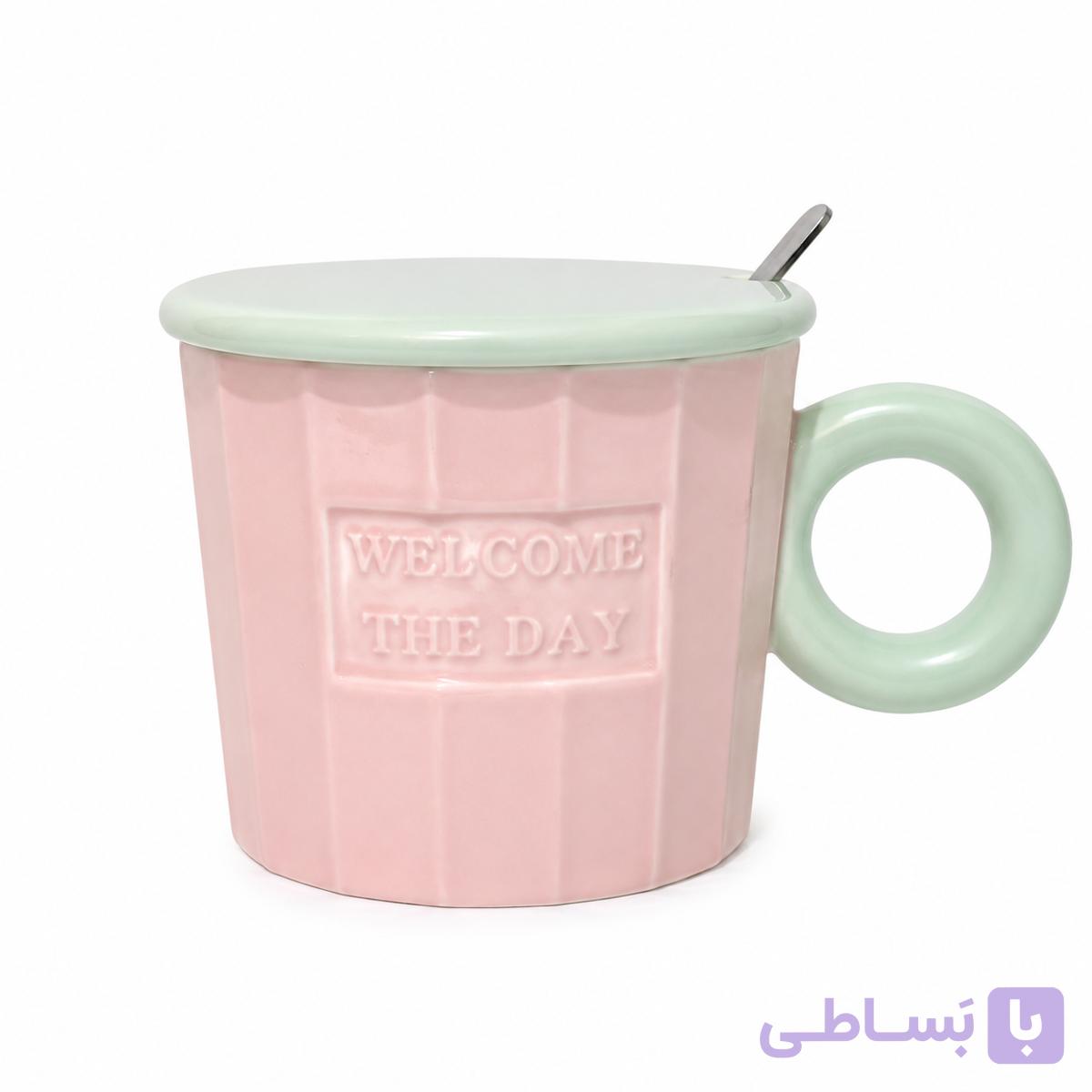 ماگ سرامیکی پاستیلی درب‌دار قاشق‌دار ۴۵۰ میل — تصویر 1