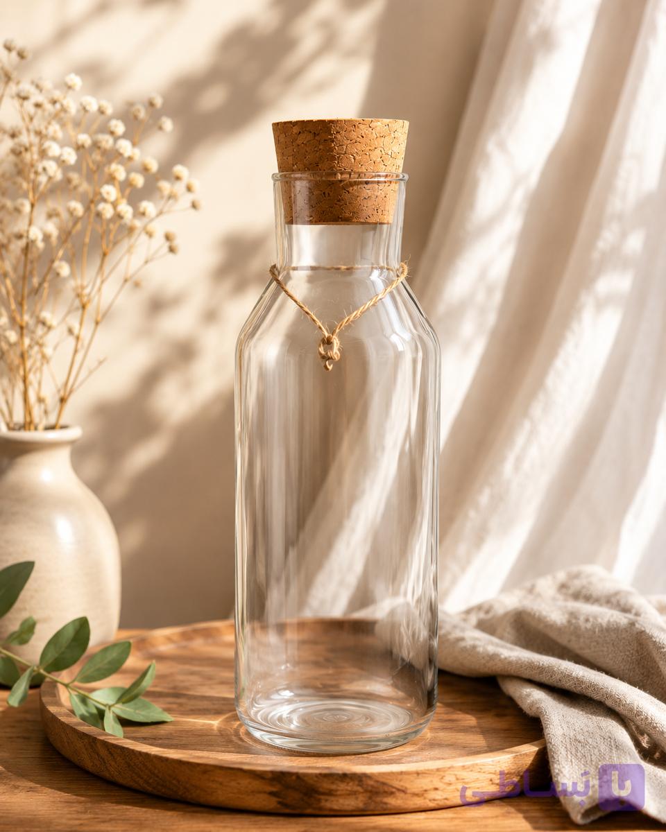 بطری آب شیشه‌ای با درب چوب‌پنبه‌ای برند دنیز