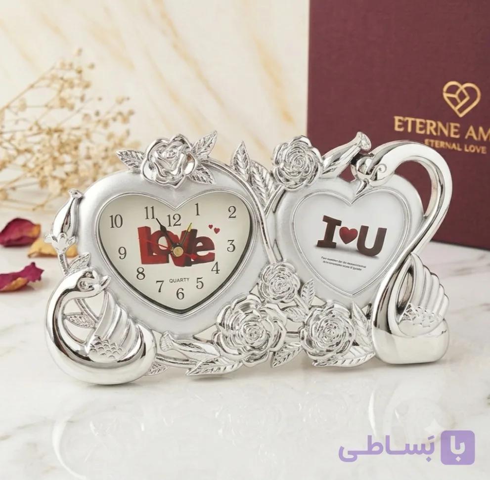 ست ساعت رومیزی و قاب‌عکس طرح قلب دوقلو، حاشیه رز و طرح قو