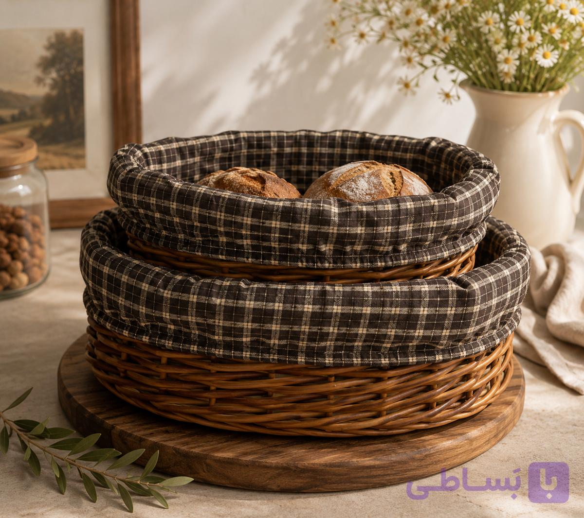 ست سبد نان و سبزی بیضی شکل حصیری پارچه‌دار ۲ عددی