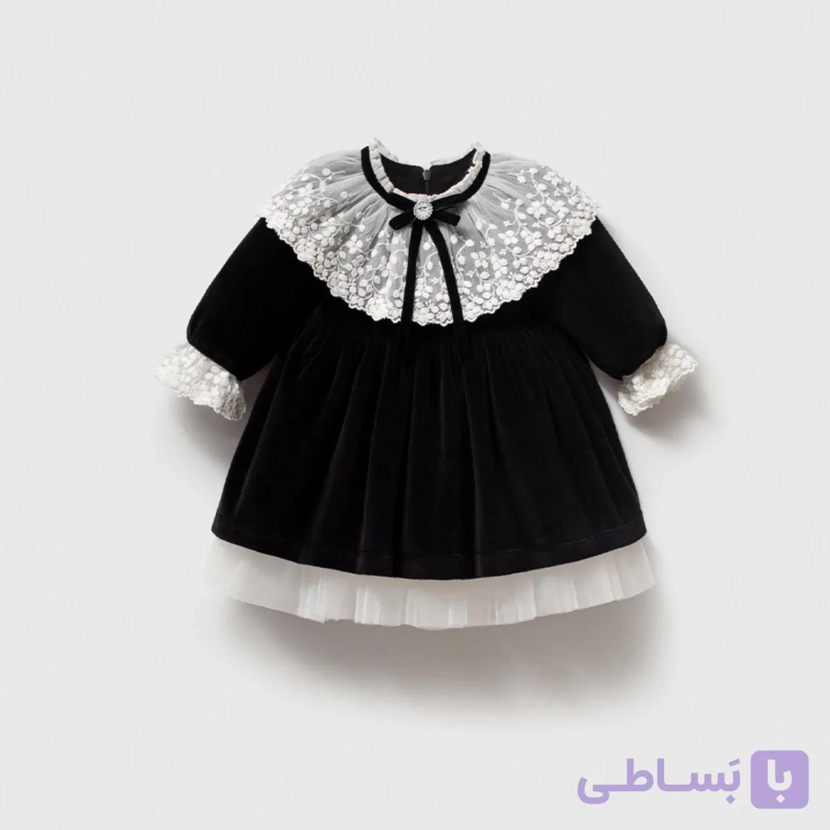 پیراهن دخترانه مخمل یقه گیپور ترک مشکی