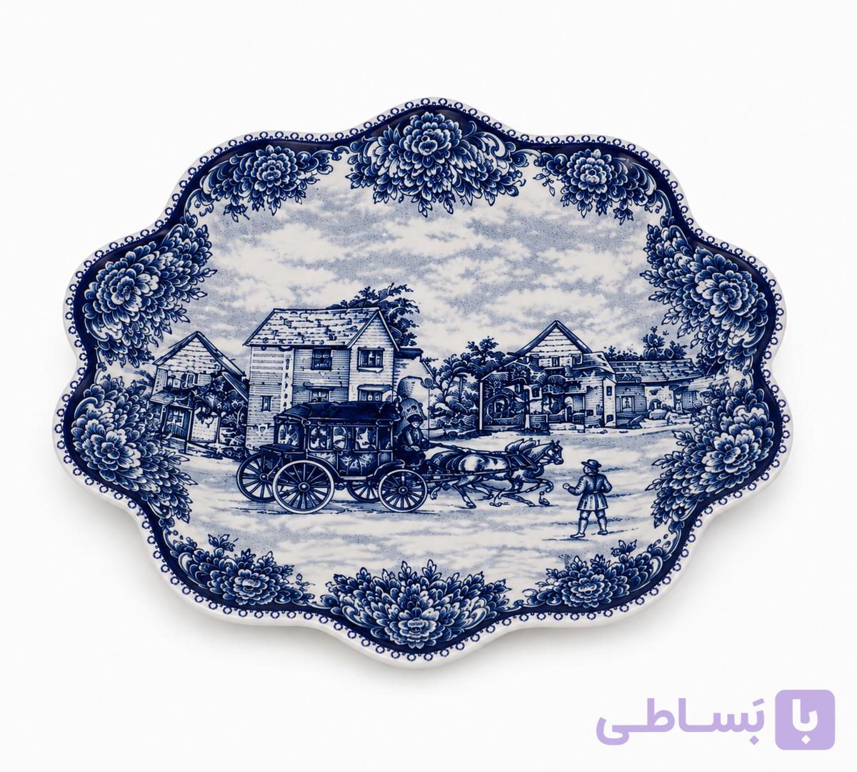 پیش‌دستی سرامیکی طرح کلاسیک آبی سفید لبه موج‌دار