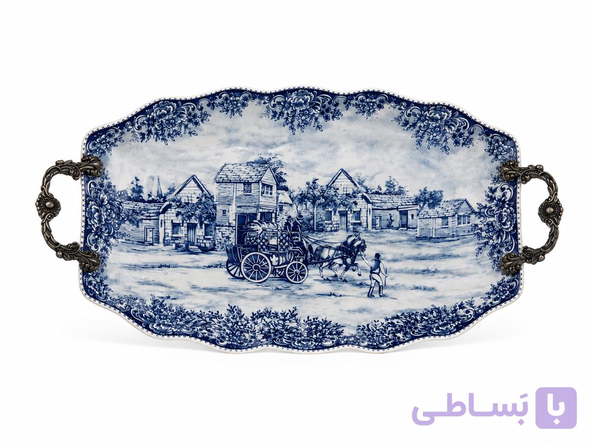 سینی پذیرایی چینی دسته فلزی طرح کلاسیک آبی و سفید