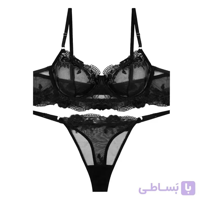 ست شورت و سوتین فانتزی زنانه تورگاز گلدوزی شده دانتل فنردار مشکی - رستن