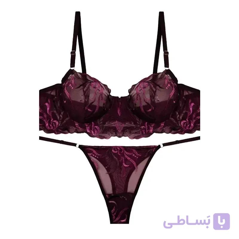 ست شورت و سوتین زنانه تورگاز گلدوزی برگ فنردار لامبادا رنگ بنفش - رستن