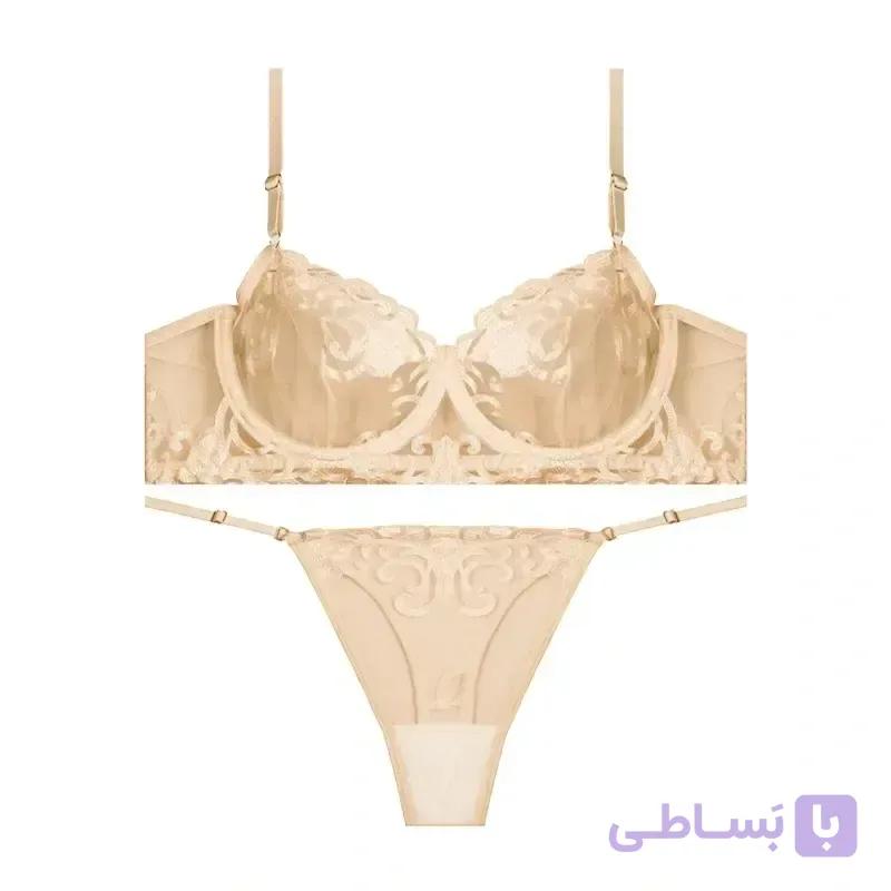 ست شورت و سوتین زنانه فانتزی تورگاز گلدوزی شده فنردار رنگ کرمی - رستن