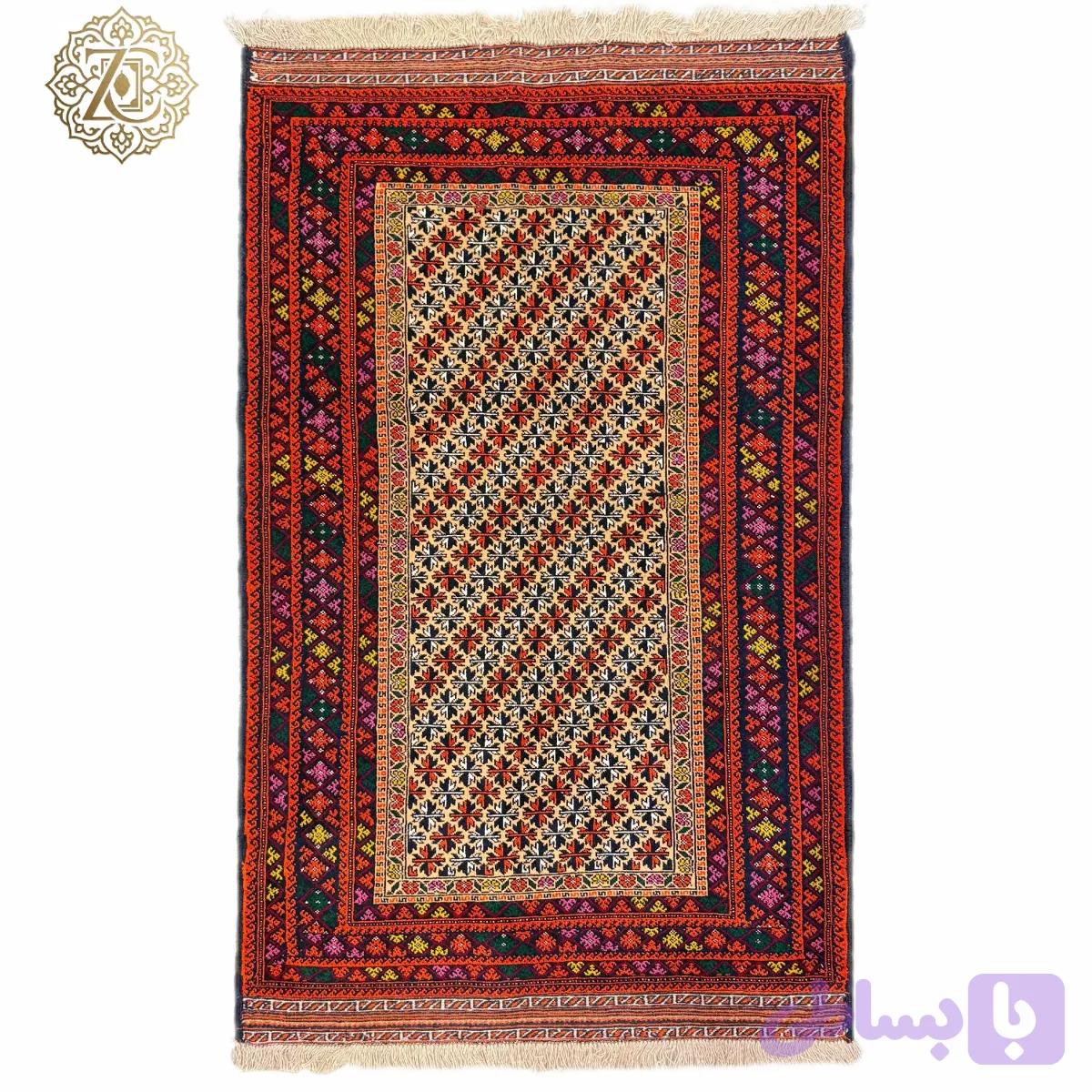 فرش دستبافت2متری تمام پشم نقش برگ‌تاکی بلوچ گلیم‌دار کد0200019