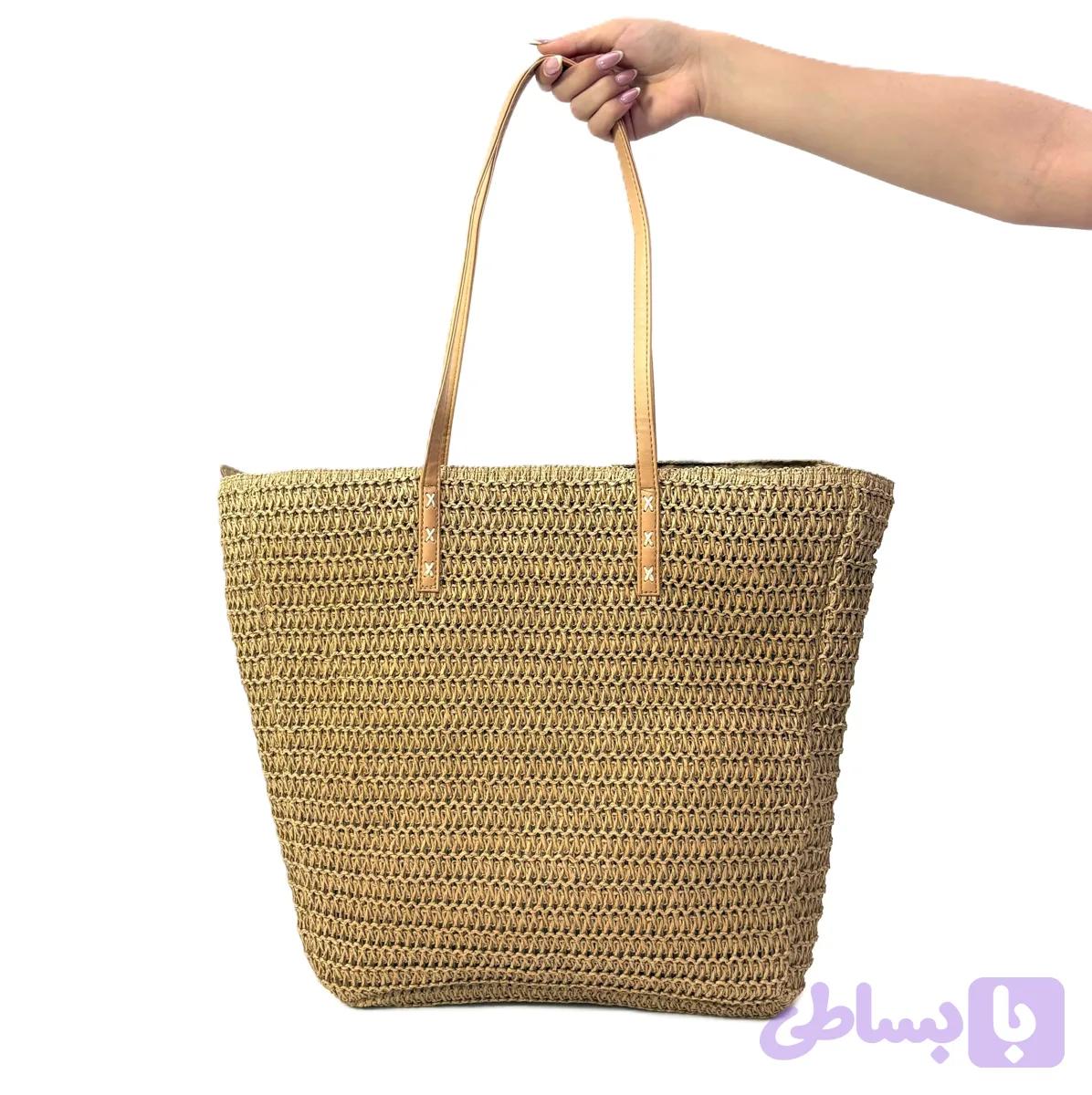 کیف حصیری زنانه بزرگ مدل توت‌بگ با دسته چرمی – کرم نخودی — تصویر 1