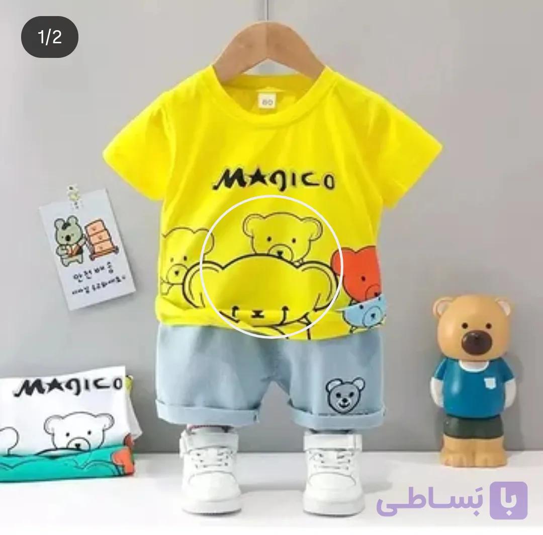 تیشرت شلوارک اسپرت بچگانه طرح خرسی جنس جین نخی وارداتی