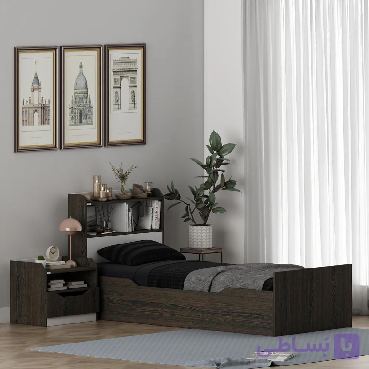 سرویس تخت خواب یک نفره ملامینه اعیان مدل FH995 سایز 90×200 سانتی متر به همراه پاتختی — تصویر 1