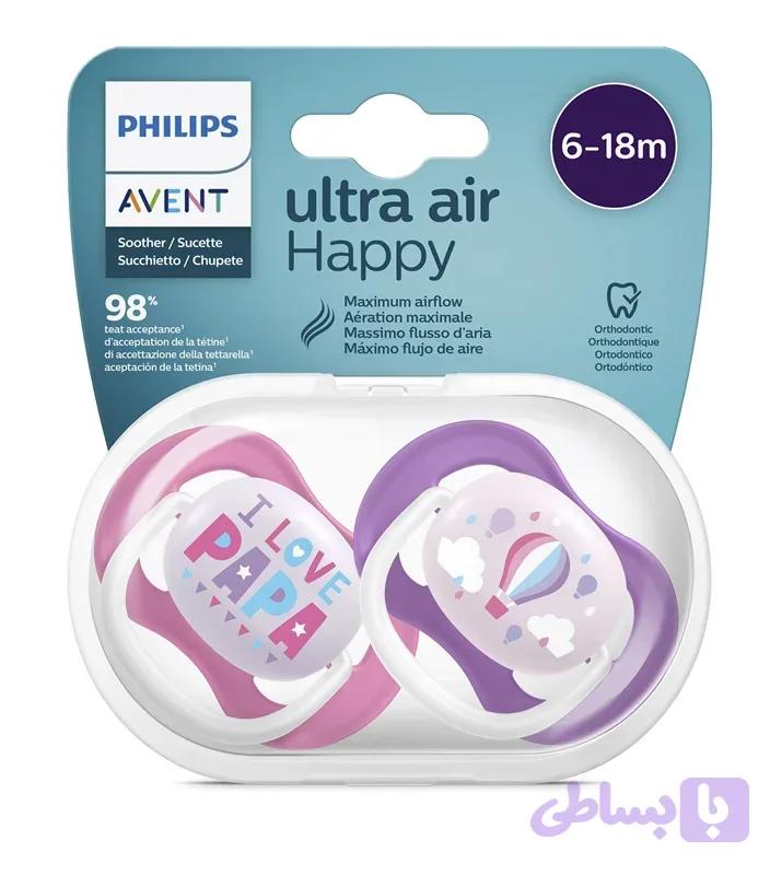 پستانک ارتودنسی Philips Avent Ultra Air بسته ۲ عددی بالای ۱۸ ماه طرح بالون و لاو پایا