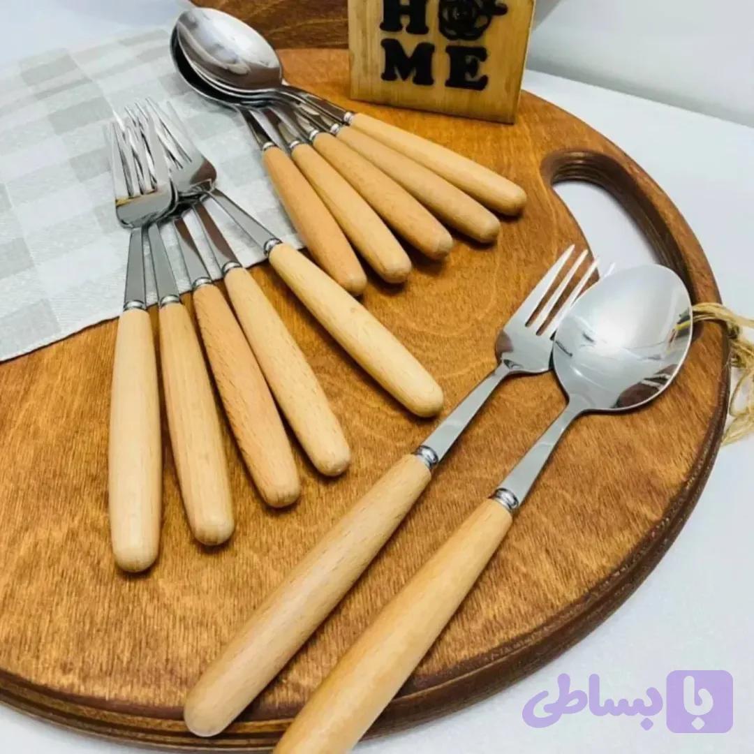 قاشق وچنگال استیل دسته چوبی